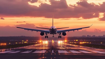 A plane landing on a runway with a sunset in the background.