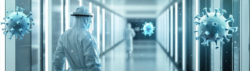 Fototapeta premium A scientist in protective gear walks through a sterile corridor, with virus illustrations floating nearby, symbolizing the battle against infectious diseases.