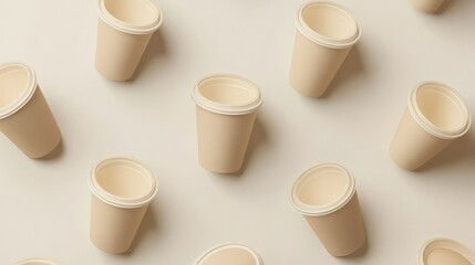 Top view of beige coffee cups arranged on a smooth surface, creating a stylish, clean mockup for branding.