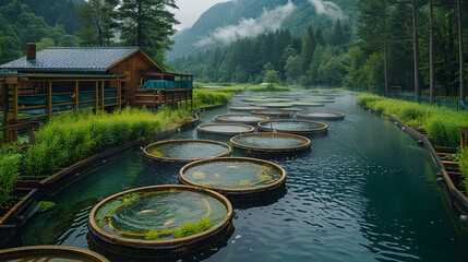 Fototapeta premium Serene ponds filled with fish and bordered by vibrant greenery in rural area