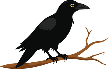 Fototapeta premium Black crow standing on a branch with its beak slightly open, feathers detailed