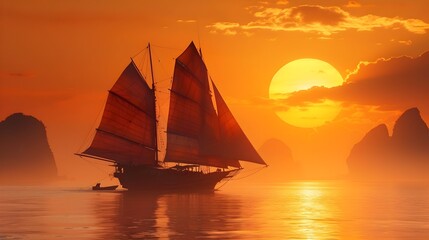 Fototapeta premium Breathtaking Sunset Over Serene Tropical Seascape with Sailing Boats
