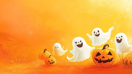 2408 5.A fun and spooky Halloween scene featuring cheerful cartoon ghosts and grinning pumpkins floating in front of an orange background. The playful ghosts interact with the carved pumpkins,