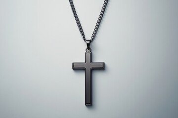 A sleek black cross pendant hangs gracefully from a silver chain. This minimalistic design merges style with spirituality effortlessly. Perfect for any occasion. Generative AI