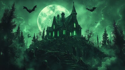 2408 7.A creepy Halloween night illustration featuring a haunted house on a hill, silhouetted by the moon. The house has broken windows, crooked doors, and eerie green lights glowing from within,