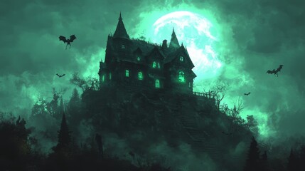 2408 7.A creepy Halloween night illustration featuring a haunted house on a hill, silhouetted by the moon. The house has broken windows, crooked doors, and eerie green lights glowing from within,