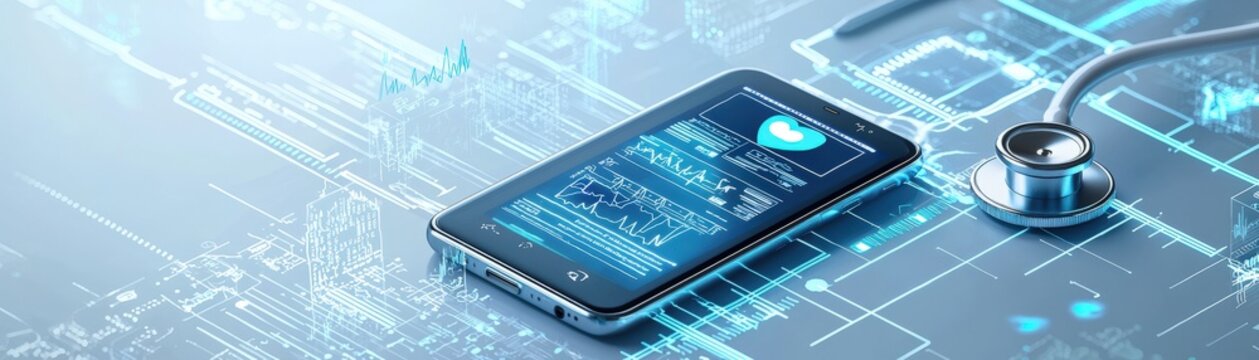 Remote patient monitoring with smart devices, a smartphone displays health data beside a stethoscope, symbolizing the intersection of technology and healthcare, landscape with blank space for text
