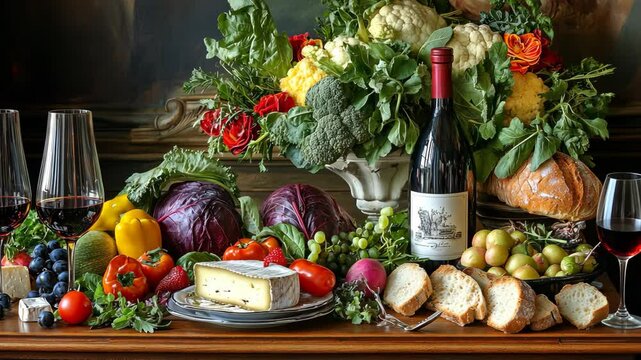 A still life arrangement of fresh produce, wine, cheese, and bread on a wooden table