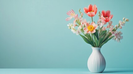 Vibrant spring flowers arranged in a simple vase, with copy space on a calming background