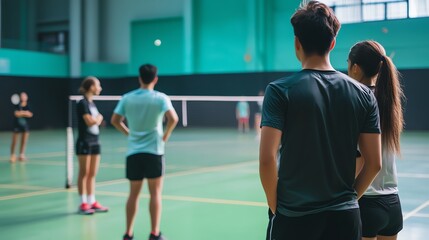Two badminton players watch a game in progress.