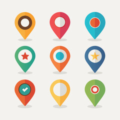 A colorful set of map pointer icons with various markers for navigation, travel, and business location illustrations