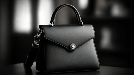 Black luxury leather handbag. High class fashion item, emphasizing clean design and sophistication. Leather texture details.	