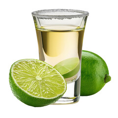 Lime and tequila shot, white isolate background transparent