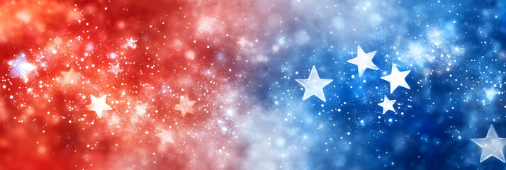 Red, white, and blue abstract background with sparkling stars. USA background wallpaper for 4th of July, Memorial Day, Veteran's Day, or other patriotic celebration.