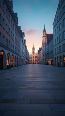 Munich Marienplatz at Dawn, Empty Street View with New Town Hall