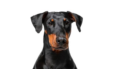 Doberman dog with attentive expression, isolated transparent