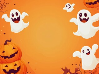 Naklejka premium 2408 31.A bright orange background with playful Halloween pumpkins grinning mischievously, alongside floating cartoon ghosts with space for text in the center. The scene is festive, spooky, and fun,