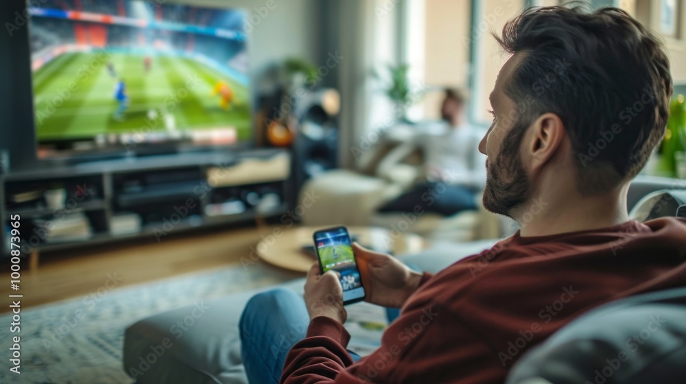 Poster a man is sitting on a couch and playing a game on his phone
