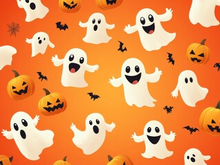 Obraz premium 2408 32.A humorous Halloween design featuring floating cartoon ghosts and jack-o-lanterns with goofy expressions. The bright orange background provides space for text, making it ideal for a