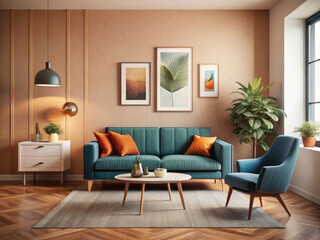 Fototapeta premium Modern living room featuring a cozy blue sofa with orange cushions, a stylish terracotta lounge chair, and vibrant plants, accented by framed artwork and elegant pendant lighting.