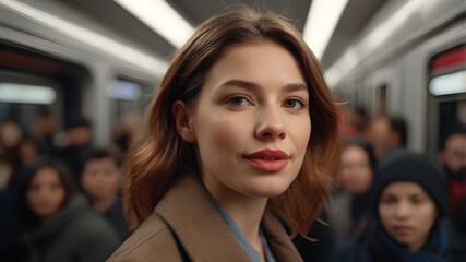 Fototapeta premium Woman in modern clothes standing inside the train of a crowded subway. Blurred background.