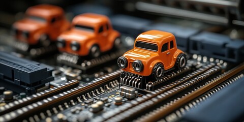 A miniature orange car driving along the tracks of a circuit board, representing the fast-paced world of technology.