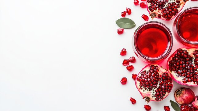 Pomegranate juice fresh fruits flatlay on white background