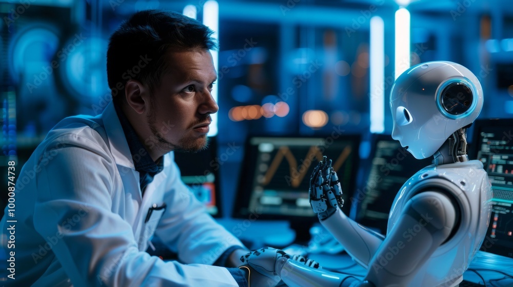Poster a man is standing next to a robot