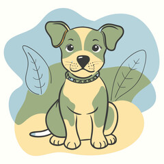Fototapeta premium Cute illustration of a smiling puppy sitting with leaves in the background 