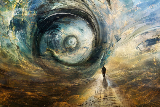 an abstract image of a man who drifts away into the maelstrom of events