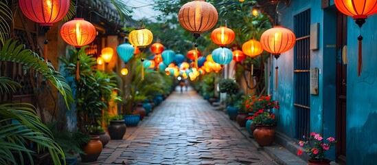 Naklejka premium Enchanting Hoi An Ancient Town Illuminated by Vibrant Traditional Lanterns