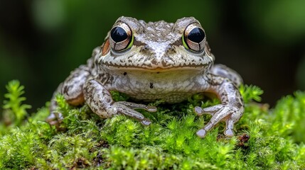 Fototapeta premium A close-up portrait of a frog with striking green eyes perched on a bed of vibrant green moss, its textured skin and webbed feet visible