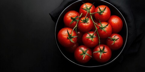 Fresh Red Tomatoes in a Black Bowl on Dark Surface