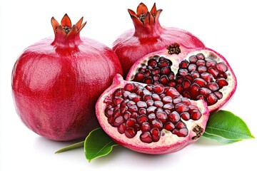 Fresh pomegranates with vibrant red seeds on white background