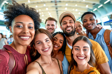 A group of business team of various nationalities take a photo together with happiness, selfie capture in terminal building background at the airport, travel on summer vacation.