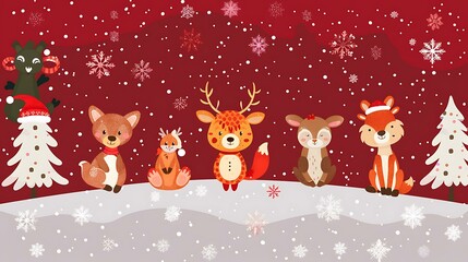 Naklejka premium Snowy hills on a red background with cute cartoon animals and Christmas trees