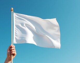 Hand holding  a blank white flag mockup on blue sky, mockup design concept