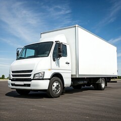 Blank white delivery truck mockup on blue sky, product mockup design concept