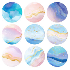  Nine watercolor circles with fluid, marble-like designs in soft shades of blue, pink, and gold accents, evoking an abstract cosmic theme.