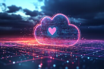Obraz premium Cloud icon on a digital background featuring a heartbeat. Generative Ai