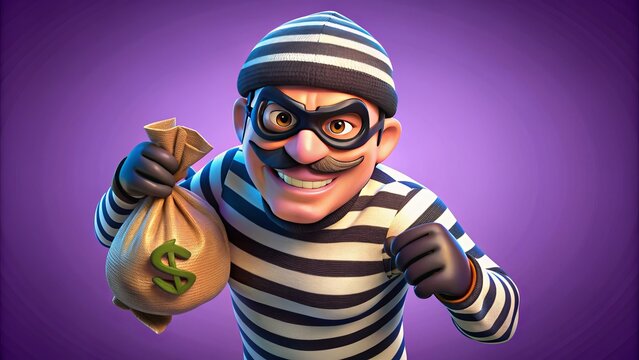 In a striped shirt and mask, a cartoon robber gleefully holds a sack of cash, embodying mischief and