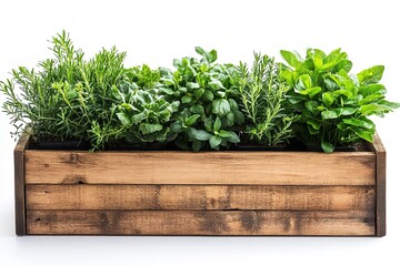 Fototapeta premium White backdrop with isolated plants in a wooden planter box. Generative Ai