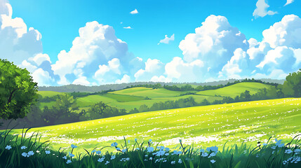 Fototapeta premium A picturesque scene of rolling hills and fields of wildflowers under a bright blue sky with fluffy clouds.