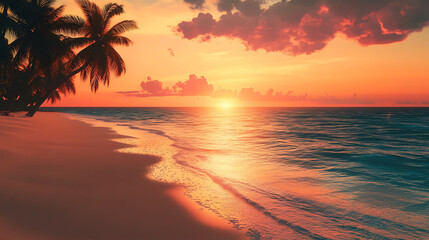 Obraz premium A beautiful sunset over a tropical beach with palm trees silhouetted against the vibrant sky.