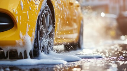 A yellow car is being washed at a car wash.