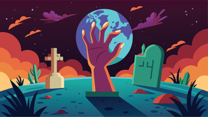 Print Zombie Hand Reaching Up From the Ground Halloween Background Vector Art for Spooky Decorations
