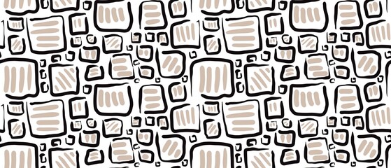 Obraz premium Seamless abstract geometric pattern. Simple background black, beige, white texture. Squares. Digital brush strokes background. Design for textile fabrics, wrapping paper, background, wallpaper, cover.