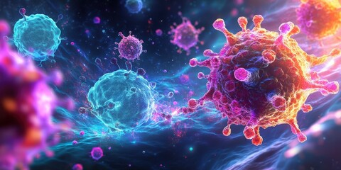 Obraz premium Vibrant Depiction of Cancer Cell Interaction