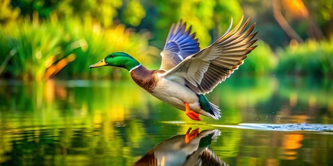 In flight, a regal duck glides over calm waters, reflecting vivid skies, surrounded by lush green foliage that
