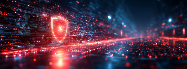 Fototapeta premium A digital shield and firewall symbols dominate the cybersecurity background, protecting a network.